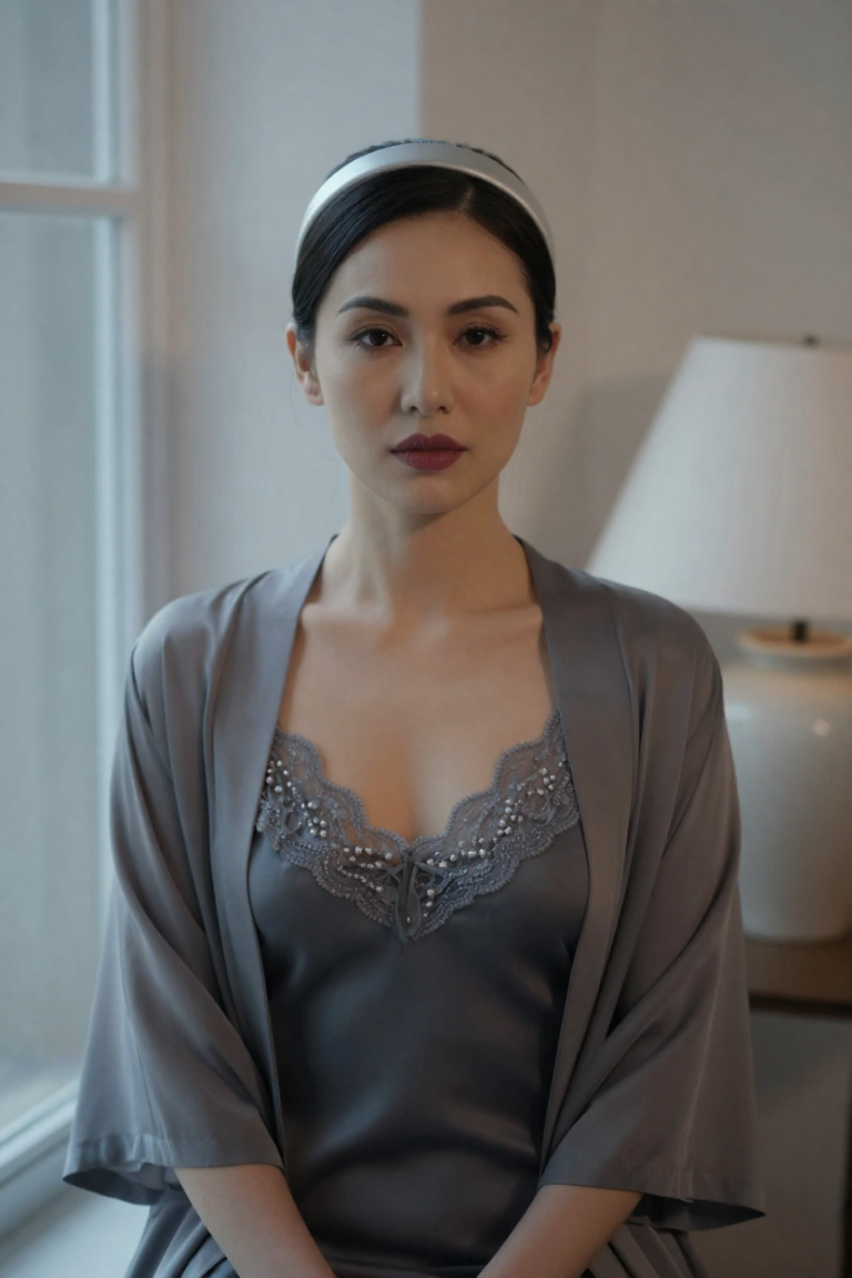 HuarenUk muse in a charcoal silk slip dress in soft window light